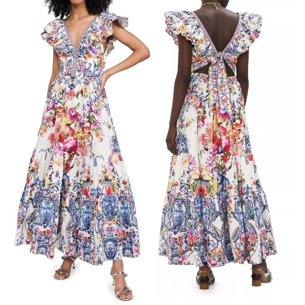 CAMILLA "Dutch Is Life" Tiered Frill V-Neck Open Back Maxi Cotton Dress, L $899 - Picture 3 of 16